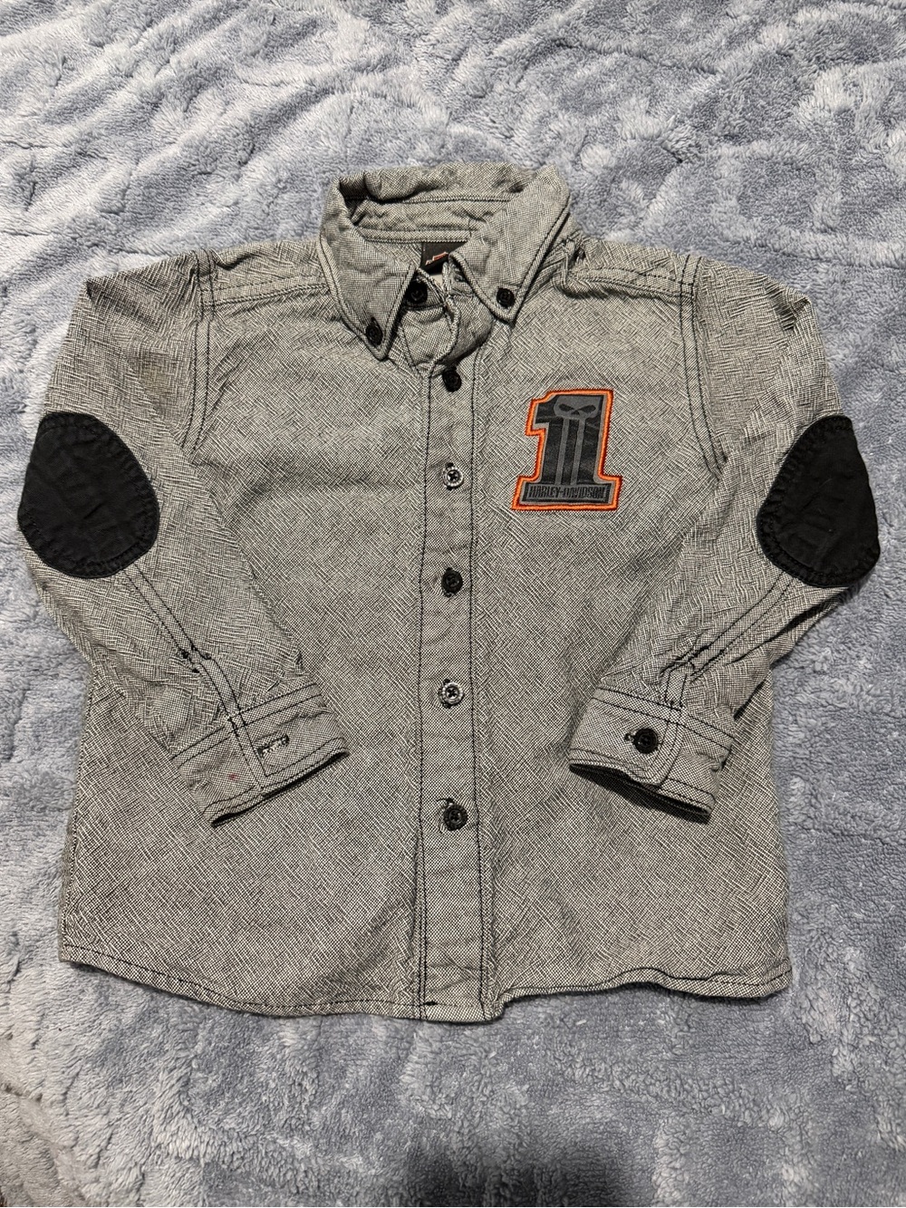 Kids Grey Button-Up Shirt Harley Davidson Elbow Patches and '1' Patch